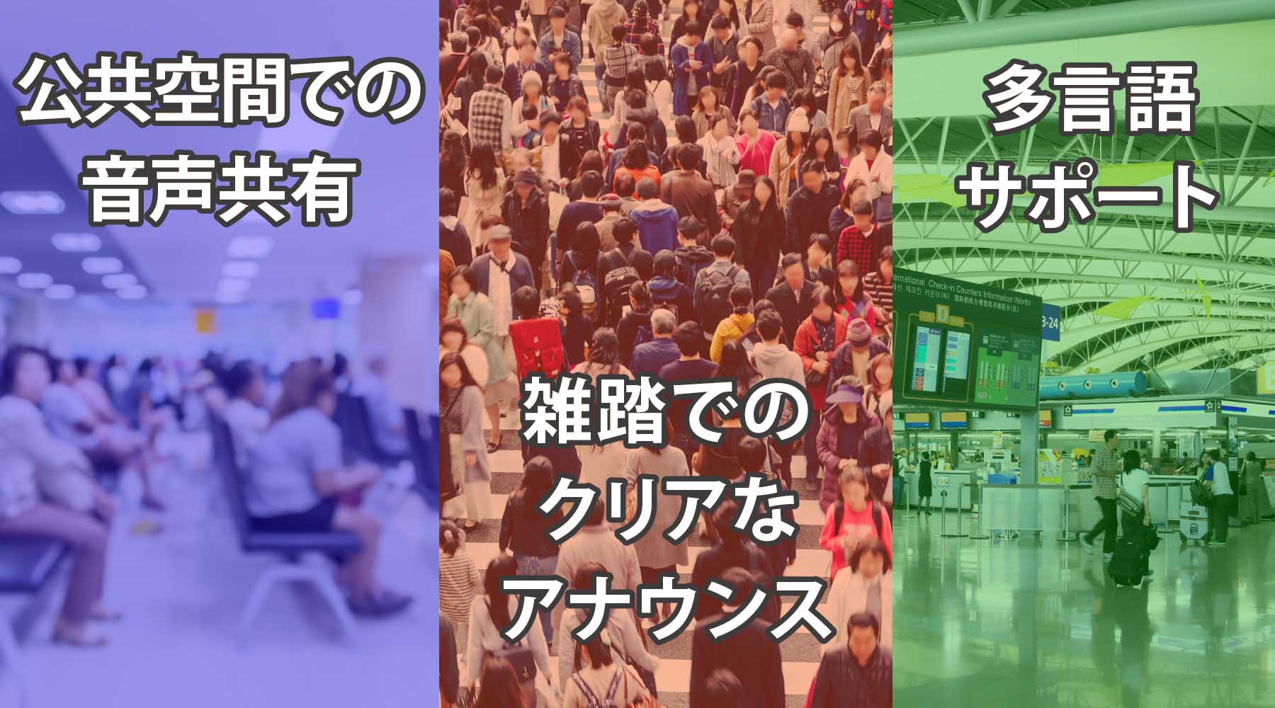 公共空間での音声共有、雑踏でのクリアなアナウンス、多言語サポート